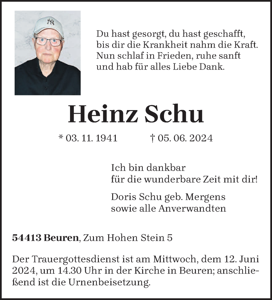  Traueranzeige für Heinz Schu vom 08.06.2024 aus trierischer_volksfreund