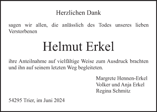 Traueranzeige von Helmut Erkel von trierischer_volksfreund