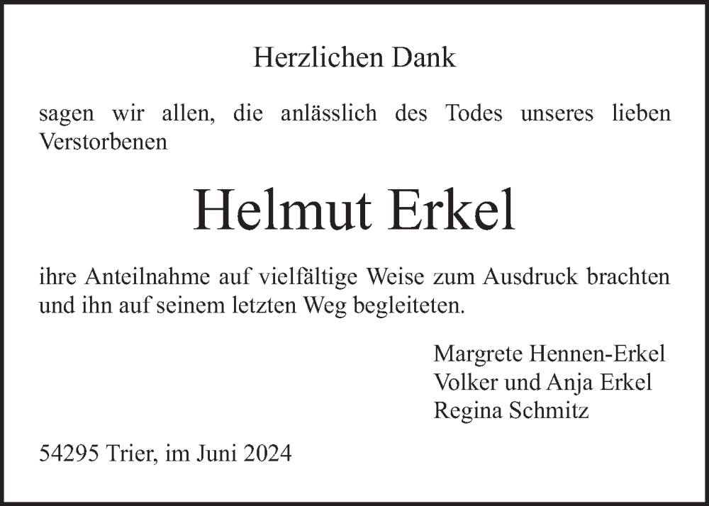  Traueranzeige für Helmut Erkel vom 15.06.2024 aus trierischer_volksfreund