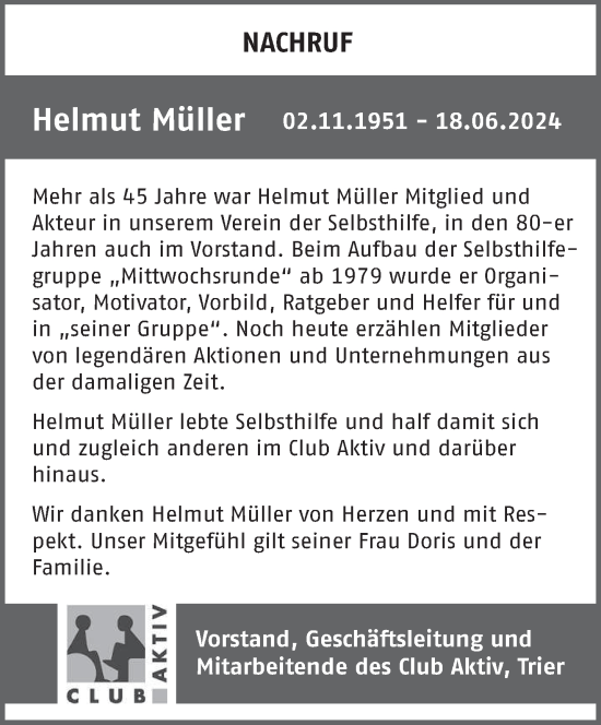 Traueranzeige von Helmut Müller von trierischer_volksfreund