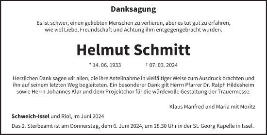 Traueranzeige von Helmut Schmitt von trierischer_volksfreund