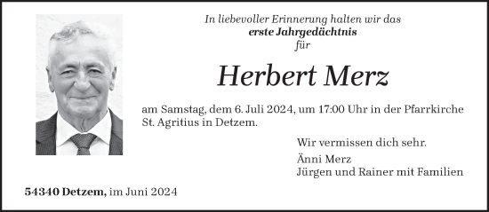 Traueranzeige von Herbert Merz von trierischer_volksfreund