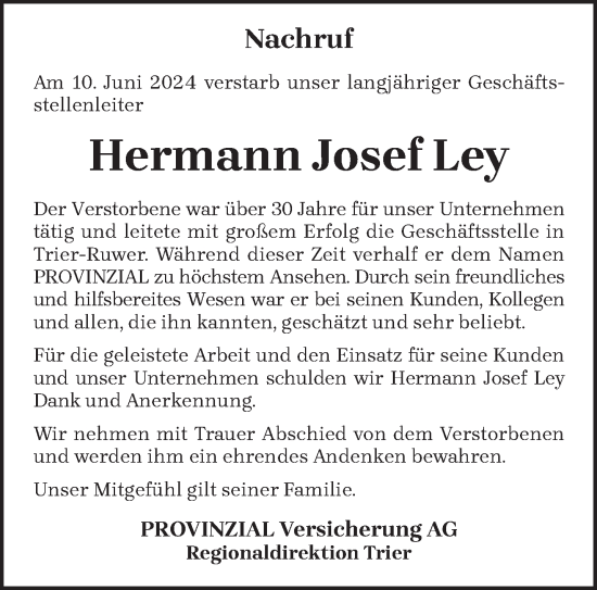 Traueranzeige von Hermann Josef Ley von trierischer_volksfreund