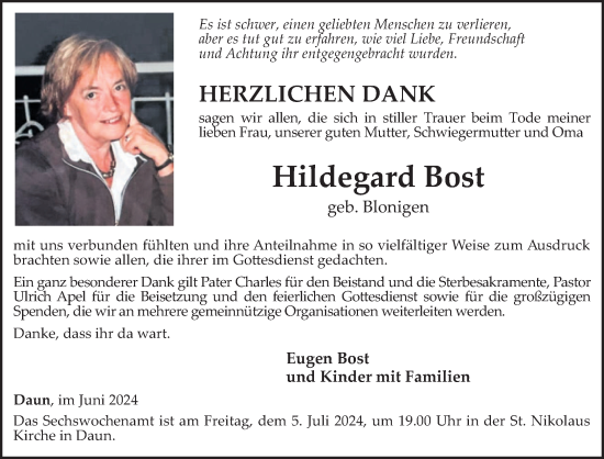 Traueranzeige von Hildegard Bost von trierischer_volksfreund