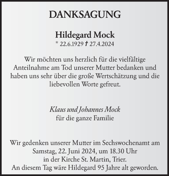 Traueranzeige von Hildegard Mock von trierischer_volksfreund