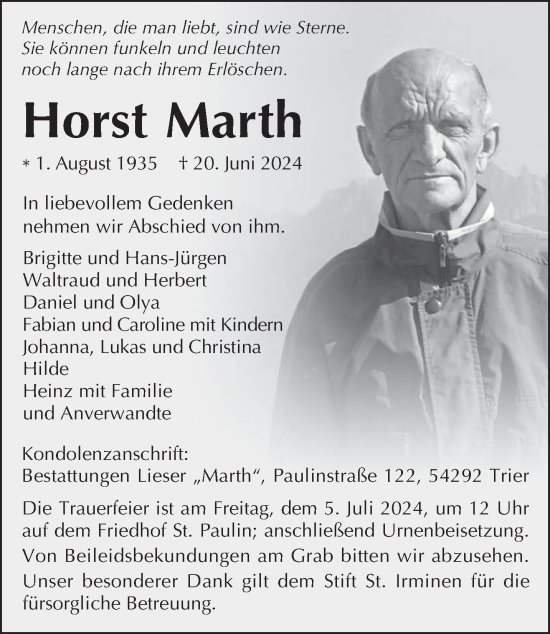 Traueranzeige von Horst Marth von trierischer_volksfreund
