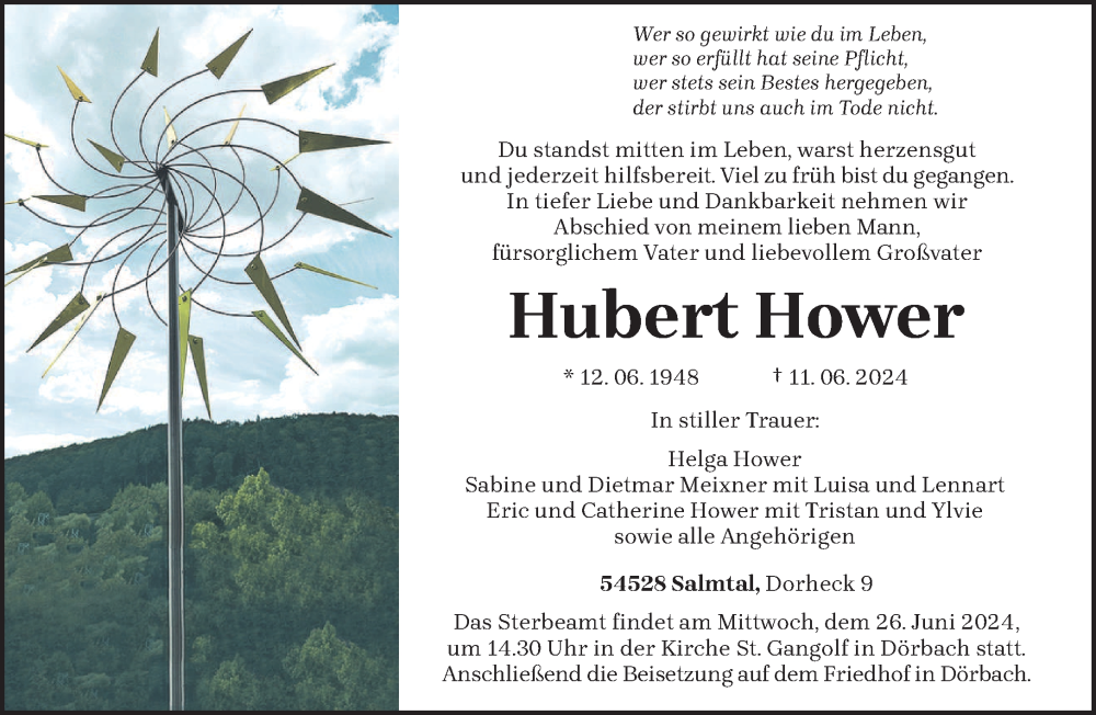  Traueranzeige für Hubert Hower vom 22.06.2024 aus trierischer_volksfreund