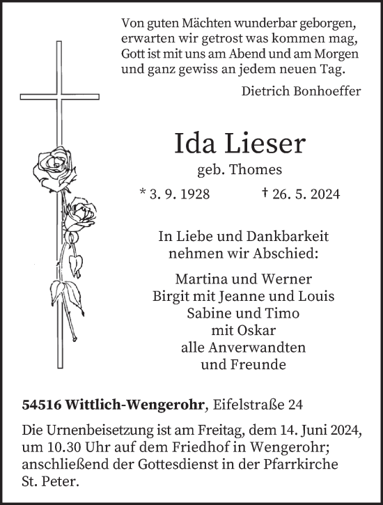 Traueranzeige von Ida Lieser von trierischer_volksfreund