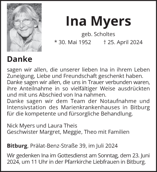 Traueranzeige von Ina Myers von trierischer_volksfreund