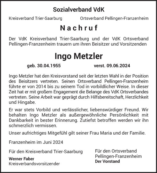Traueranzeige von Ingo Metzler von trierischer_volksfreund
