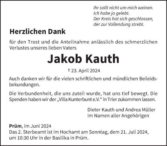 Traueranzeige von Jakob Kauth von trierischer_volksfreund