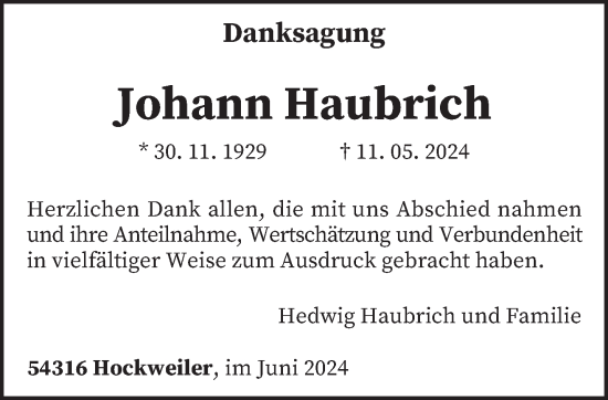 Traueranzeige von Johann Haubrich von trierischer_volksfreund