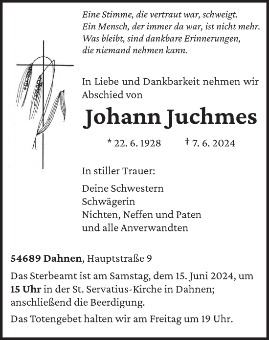 Traueranzeige von Johann Juchmes von trierischer_volksfreund