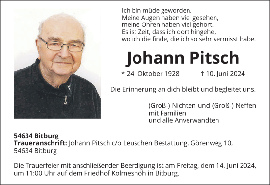 Traueranzeige von Johann Pitsch von trierischer_volksfreund