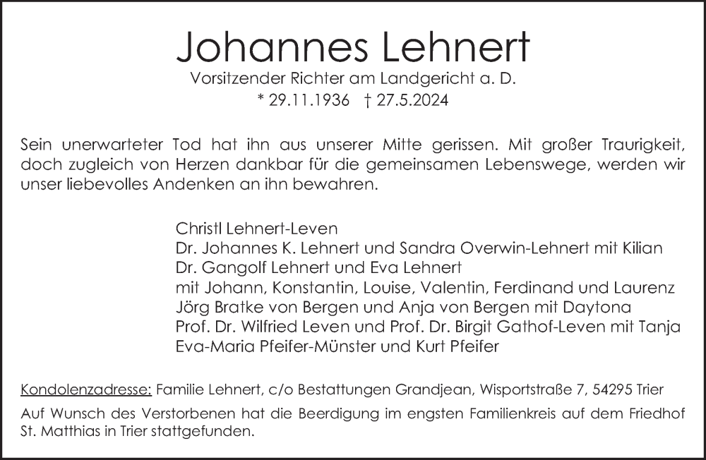  Traueranzeige für Johannes Lehnert vom 08.06.2024 aus trierischer_volksfreund
