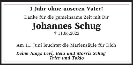 Traueranzeige von Johannes Schug von trierischer_volksfreund