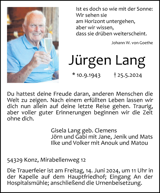 Traueranzeige von Jürgen Lang von trierischer_volksfreund