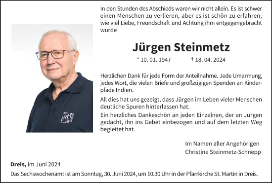 Traueranzeige von Jürgen Steinmetz von trierischer_volksfreund