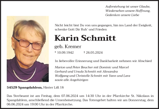Traueranzeige von Karin Schmitt von trierischer_volksfreund
