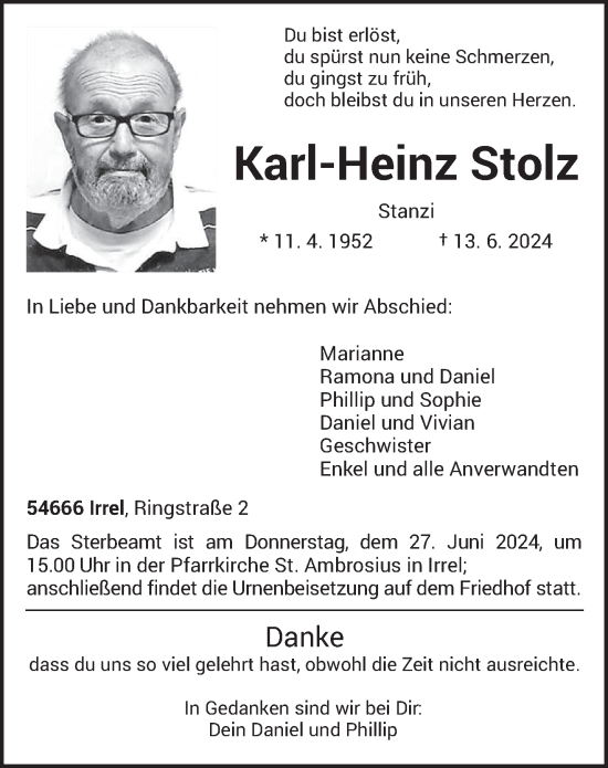 Traueranzeige von Karl-Heinz Stolz von trierischer_volksfreund