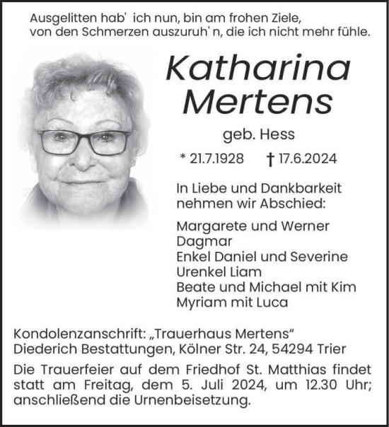 Traueranzeige von Katharina Mertens von trierischer_volksfreund