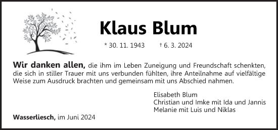 Traueranzeige von Klaus Blum von trierischer_volksfreund