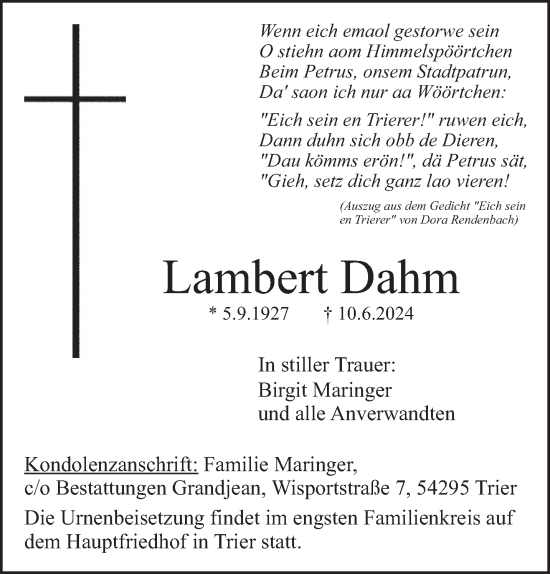 Traueranzeige von Lambert Dahm von trierischer_volksfreund