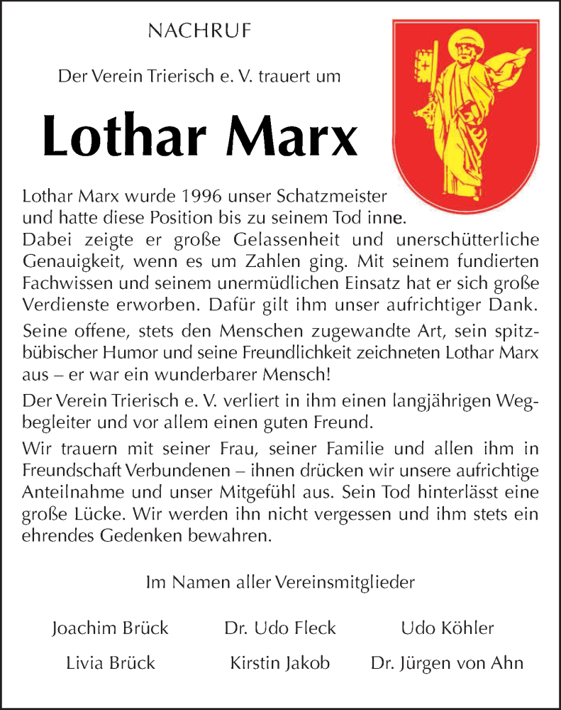  Traueranzeige für Lothar Marx vom 29.06.2024 aus trierischer_volksfreund