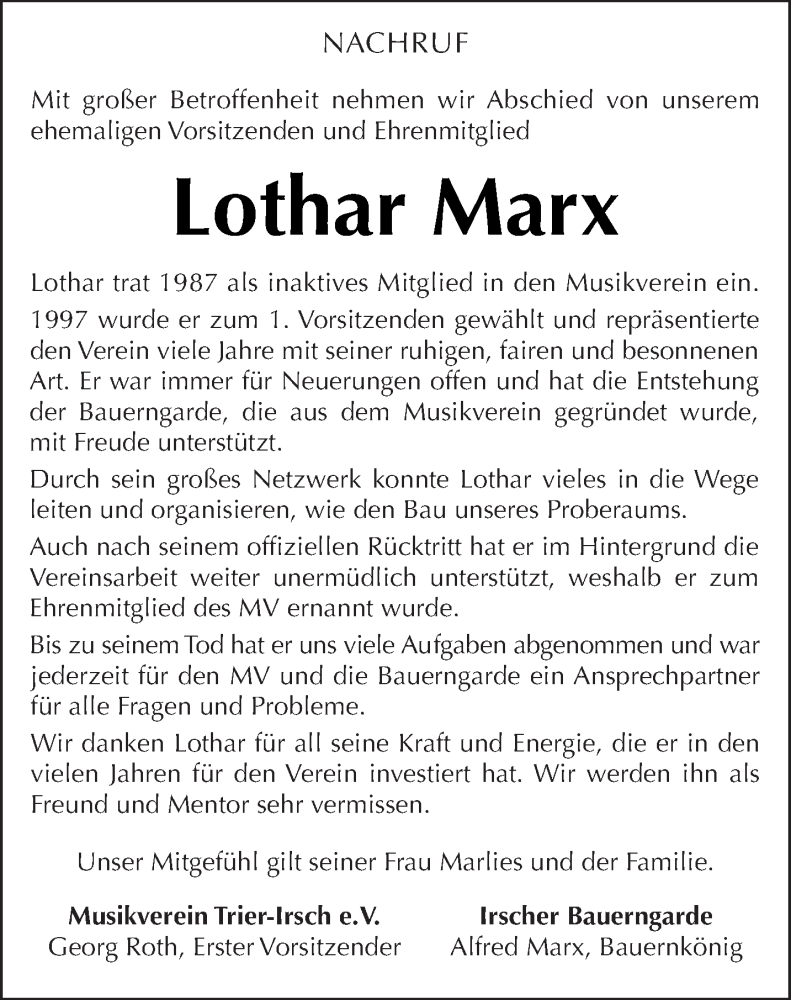  Traueranzeige für Lothar Marx vom 29.06.2024 aus trierischer_volksfreund