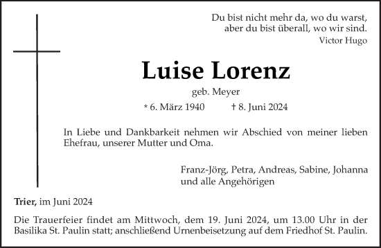 Traueranzeige von Luise Lorenz von trierischer_volksfreund