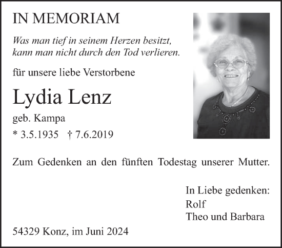 Traueranzeige von Lydia Lenz von trierischer_volksfreund
