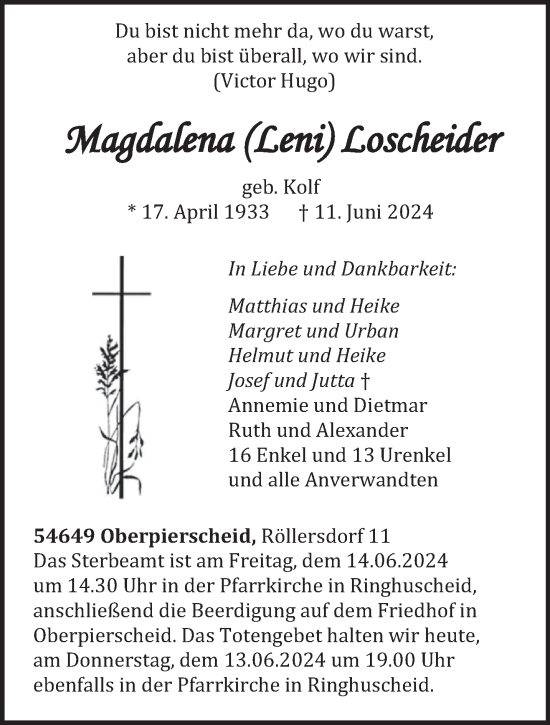 Traueranzeige von Magdalena Loscheider von trierischer_volksfreund