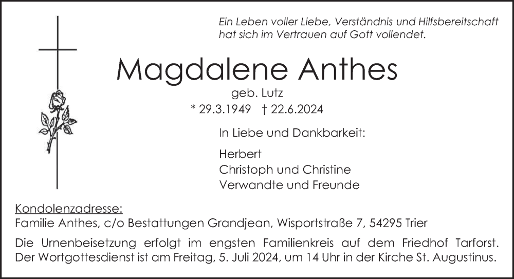  Traueranzeige für Magdalene Anthes vom 29.06.2024 aus trierischer_volksfreund