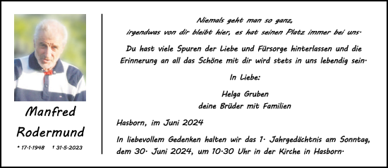 Traueranzeige von Manfred Rodermund von trierischer_volksfreund
