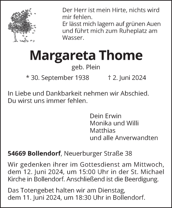Traueranzeige von Margareta Thome von trierischer_volksfreund