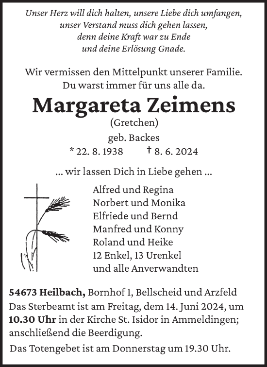 Traueranzeige von Margareta Zeimens von trierischer_volksfreund