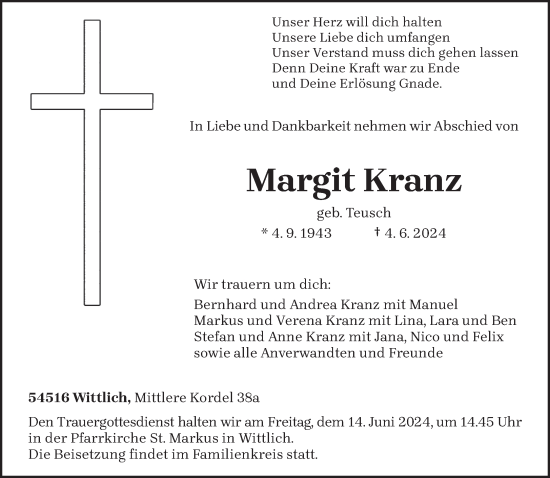 Traueranzeige von Margit Kranz von trierischer_volksfreund