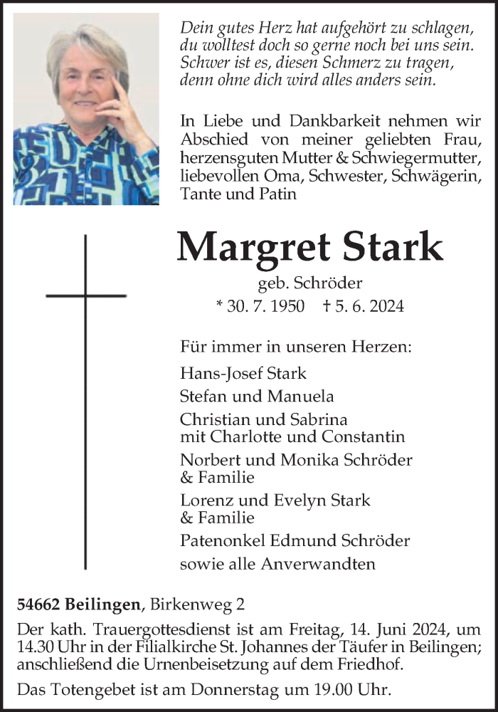  Traueranzeige für Margret Stark vom 08.06.2024 aus trierischer_volksfreund