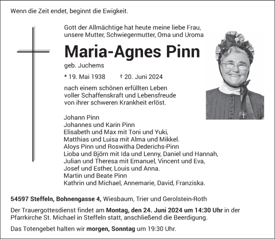 Traueranzeige von Maria-Agnes Pinn von trierischer_volksfreund