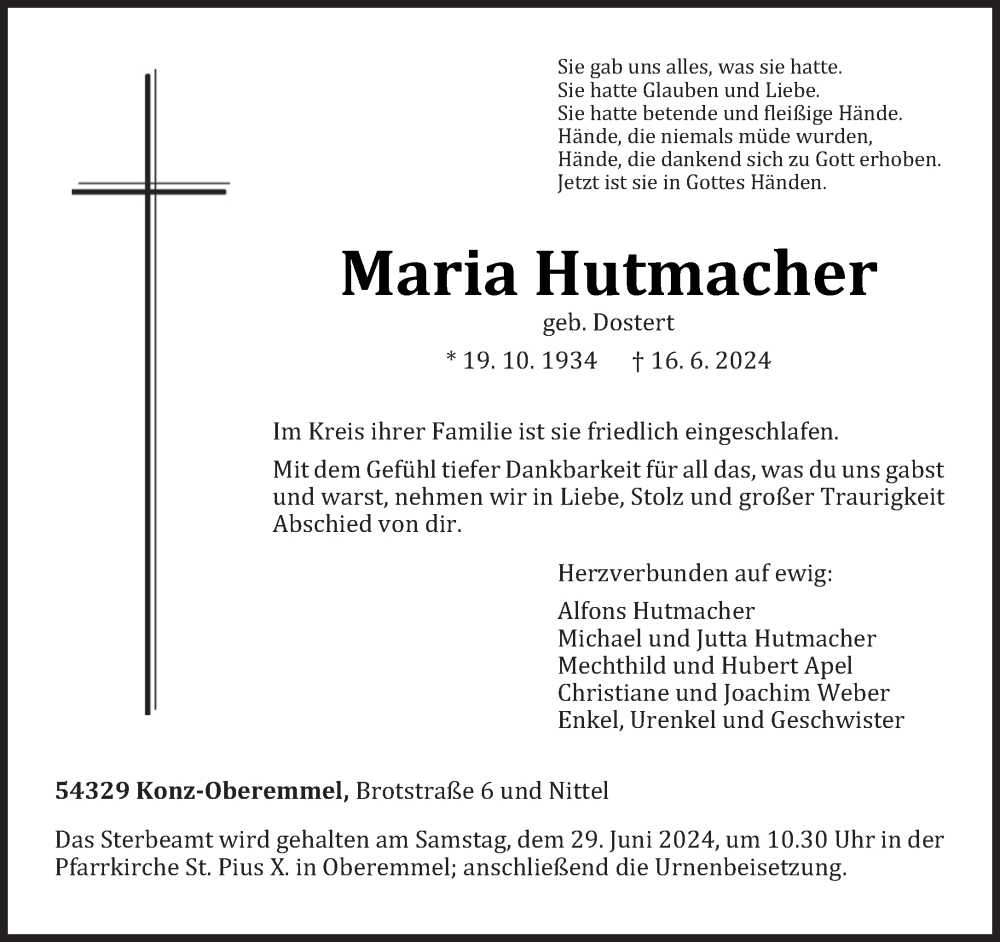  Traueranzeige für Maria Hutmacher vom 22.06.2024 aus trierischer_volksfreund