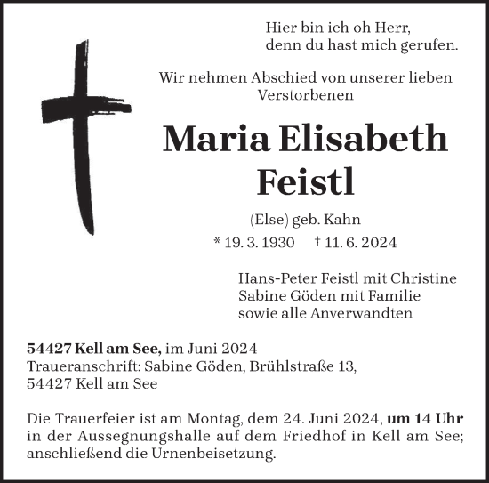 Traueranzeige von Maria Elisabeth Feistl von trierischer_volksfreund