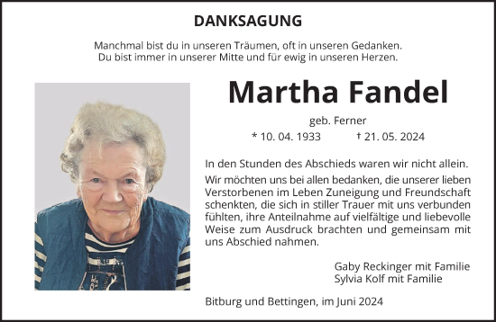 Traueranzeige von Martha Fandel von trierischer_volksfreund