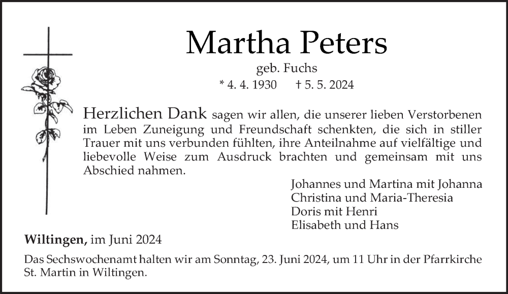  Traueranzeige für Martha Peters vom 08.06.2024 aus trierischer_volksfreund