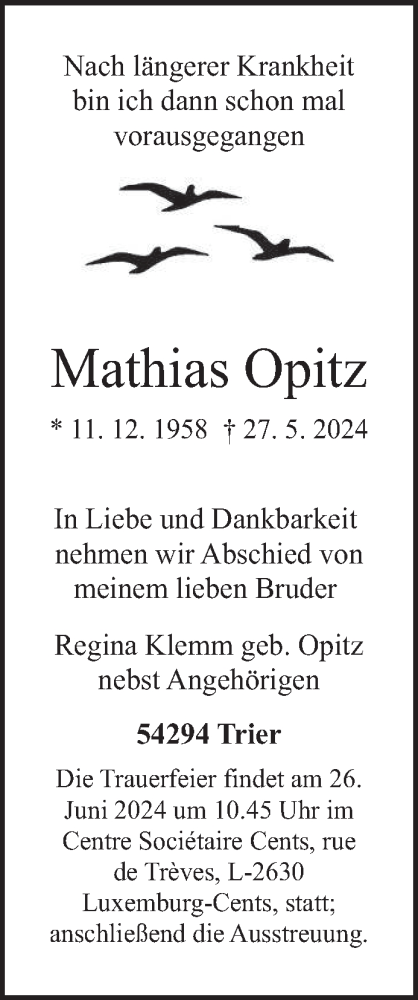 Traueranzeige von Mathias Opitz von trierischer_volksfreund