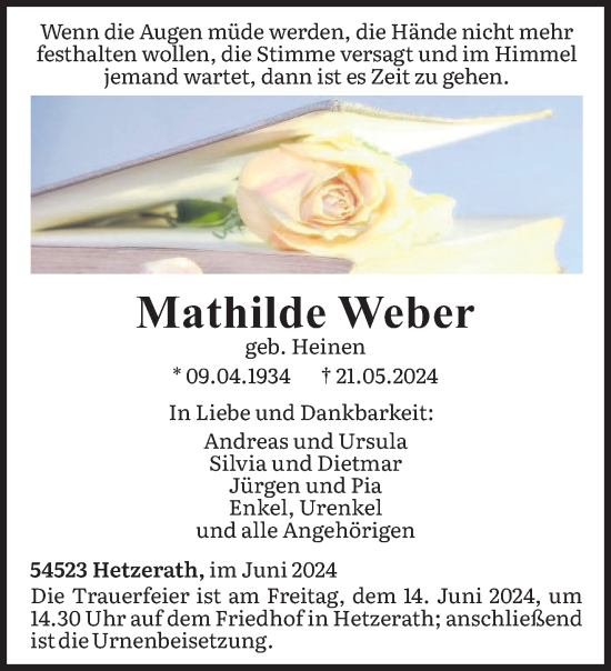 Traueranzeige von Mathilde Weber von trierischer_volksfreund
