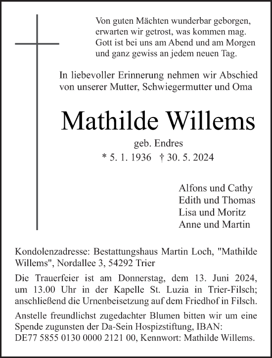 Traueranzeige von Mathilde Willems von trierischer_volksfreund