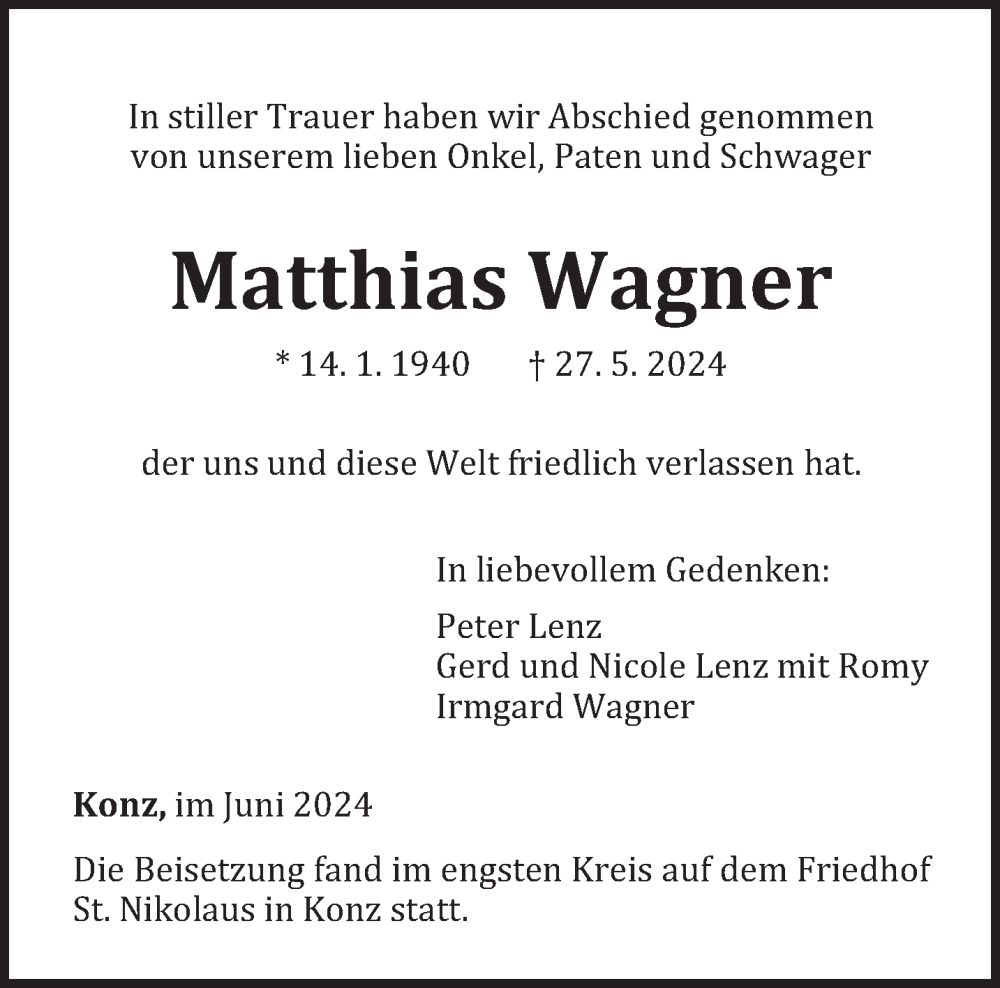  Traueranzeige für Matthias Wagner vom 15.06.2024 aus trierischer_volksfreund