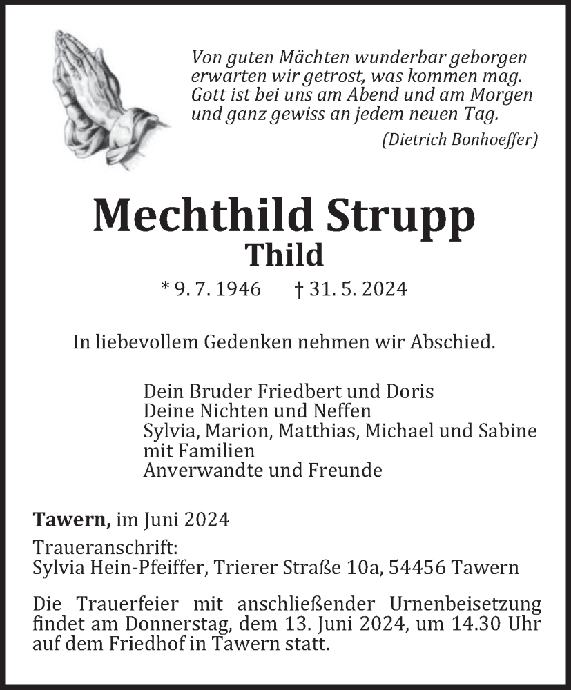  Traueranzeige für Mechthild Strupp vom 08.06.2024 aus trierischer_volksfreund