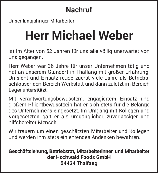 Traueranzeige von Michael Weber von trierischer_volksfreund