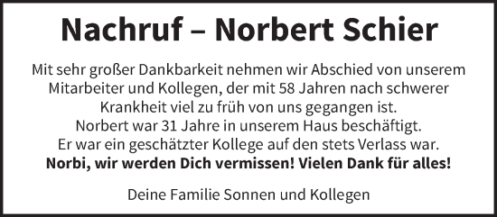 Traueranzeige von Norbert Schier von trierischer_volksfreund